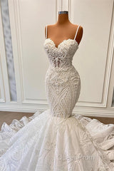 Long Mermaid Sweetheart Spaghetti Straps Tulle Beading Wedding Dresses with Ruffles