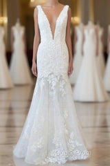 Long Mermaid V-neck Appliques Tulle Lace Wedding Dresses