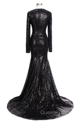 Long Mermaid V-Neck Black Sequins Evening Prom Dresses with Sleeves