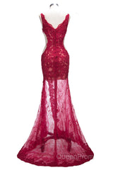 Long Mermaid V-neck Lace Appliques Evening Prom Dresses with Slit