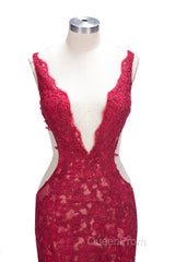 Long Mermaid V-neck Lace Appliques Evening Prom Dresses with Slit