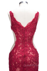 Long Mermaid V-neck Lace Appliques Evening Prom Dresses with Slit