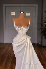 Long Pleated Satin Evening Dresses White Mermaid Evening Prom Dresses