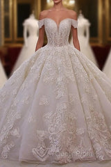 Long Princess Sweetheart Off-the-Shoulder Backless Appliques Lace Ruffles Tulle Wedding Dresses
