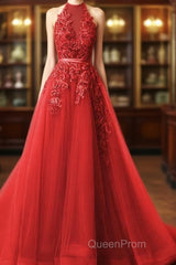 Long Evening Prom Dresses Halter Brush Train Simple Lace Evening Prom Dresses