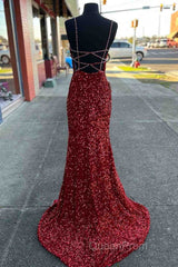 Long Evening Prom Dresses Red Sequins Beaded Mermaid Evening Dresses Straps