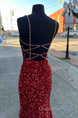 Long Evening Prom Dresses Red Sequins Beaded Mermaid Evening Dresses Straps