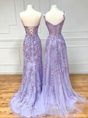 Long Purple Lace Evening Prom Dresses,Unique A Line Formal Evening Dresses
