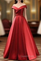 Long Red Satin Evening Prom Dresses Off The Shoulder Evening Gowns