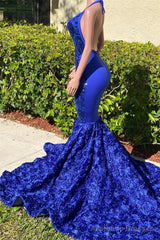 Long Royal Blue Mermaid Prom Dresses V Neck Open Backs