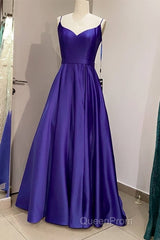 Long Royal Blue V Neck Evening Prom Dresses Spaghetti Strap