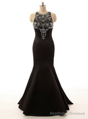 Long Satin Evening Gown Beaded Black Crystals Mermaid Prom Dresses