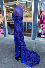 Long Sequin Evening Prom Dresses Royal Blue Formal Dresses One-Shoulder