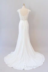 Long Sheath Illusion Lace Wedding Dresses with Cap Sleeve