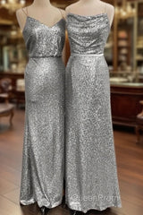 Long Silver Sequin Bridesmaid Dresses Spaghetti Strap