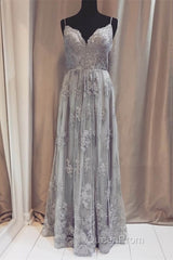 Long Silver Tulle Bridesmaid Dresses Lace Appliques