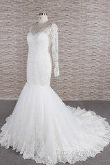 Long Sleeve Mermaid Sweetheart Appliques Lace Backless Wedding Dresses