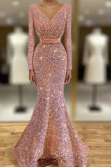 Long Sleeve Pink Mermaid Sequin Evening Prom Dresses