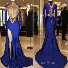 Long Sleeves Blue Gold Evening Prom Dresses Side Slit Evening Gowns