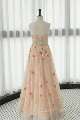 Long Sleeves Champagne Lace Floral Long Evening Prom Dresses, Long Sleeves Champagne Lace Floral Formal Evening Dresses