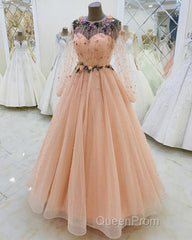 Long Sleeves Evening Dresses Tulle Flowers Beaded
