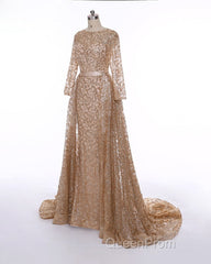Long Sleeves Sequin Gold Mermaid Evening Prom Dresses