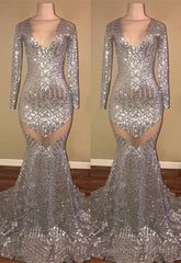 Long Sleeves Sequins Prom Party Gowns| Mermaid V-Neck Evening Gowns