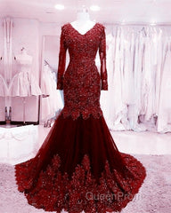 Long Sleeves V-neck Lace Evening Prom Mermaid Dresses,Women Evening Dresses