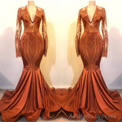 Long Sleeves V-neck Mermaid Prom Dress Sequins Gold Long Chiffon Lace