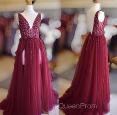 Long Tulle V-neck Evening Prom Dresses Sequin Beaded Evening Gowns
