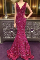 Long V Neck Fuchsia Evening Prom Dresses Sequin Mermaid Formal Graduation Dresses