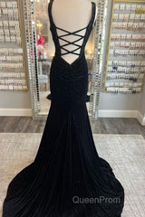 Long Velvet Black Evening Prom Dresses Straps Crystals V Neck Formal Dresses Gowns