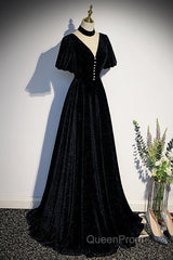 Long Velvet V-Neckline Floor Length Evening Prom Dresses, Black Evening Wedding Party Dresses