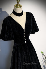 Long Velvet V-Neckline Floor Length Evening Prom Dresses, Black Evening Wedding Party Dresses