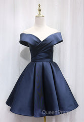 A-Line Satin Off the Shoulder Short Evening Prom Dresses, Mini Evening Party Dresses