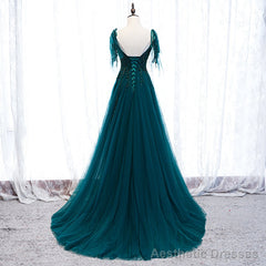 Lovely A-line Straps Tulle Teal Blue Long Evening Dress Prom Dress, A-line Formal Dresses