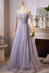 Lovely A-Line Tulle Sequins Floor Length Evening Prom Dresses, Off The Shoulder Evening Party Dresses