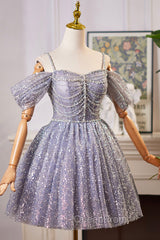 Lovely A-Line Tulle Sequins Knee Length Evening Prom Dresses, Off The Shoulder Evening Party Dresses