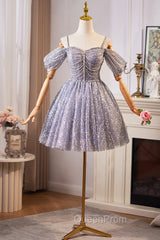 Lovely A-Line Tulle Sequins Knee Length Evening Prom Dresses, Off The Shoulder Evening Party Dresses