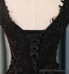 Lovely Black Lace V-neckline Short Homecoming Dress, Black Party Dress