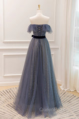 Lovely Blue A-Line Shiny Tulle Sweetheart Party Dresses, Blue Long Formal Dresses Evening Prom Dresses