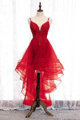 Lovely Blue High Low V-Neckline Straps Party Dresses, New Straps Evening Prom Dresses