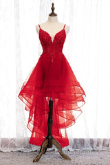 Lovely Blue High Low V-Neckline Straps Party Dresses, New Straps Evening Prom Dresses