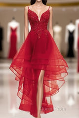 Lovely Blue High Low V-Neckline Straps Party Dresses, New Straps Evening Prom Dresses