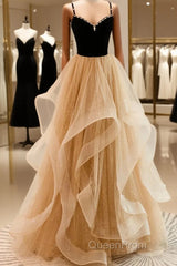 Lovely Champagne A-Line Beaded Strap Party Dresses, Tulle Layers Long Evening Prom Dresses