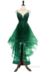 Lovely Dark Green High Low Chic Party Dresses Evening Prom Dresses, V-Neckline Straps Homecoming Dresses