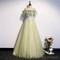 Lovely Flowers Off Shoulder Tulle Long Party Dress, A-line Tulle Light Green Prom Dress