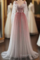 Lovely Gradient A-Line Tulle Long Sleeves Party Dresses, Gradient Evening Prom Dresses