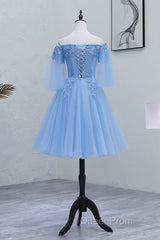 Lovely Light Blue With Lace Off Shoulder Short Evening Prom Dresses, Blue Homecoming Dresses