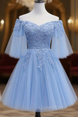 Lovely Light Blue With Lace Off Shoulder Short Evening Prom Dresses, Blue Homecoming Dresses